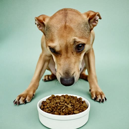 A dog nosing a bowl of dry food