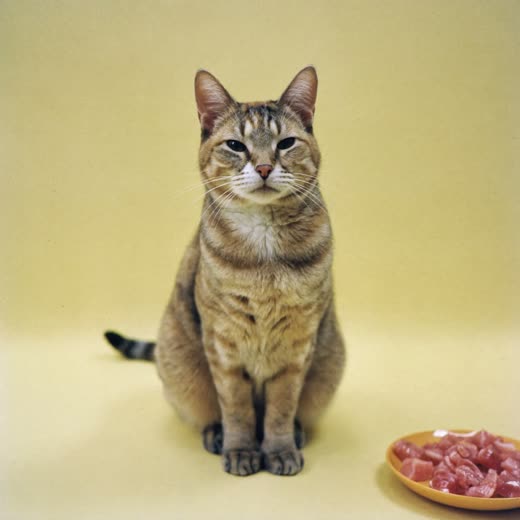 A cat beside a dish of raw food